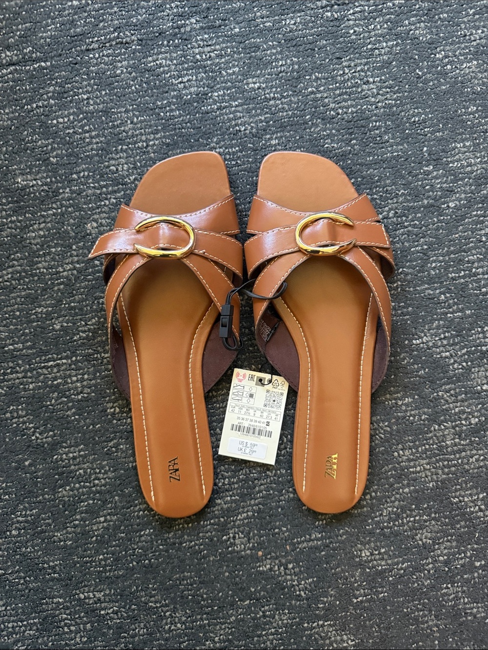 ZARA Brown Slide Mules with Gold Buckle Detail